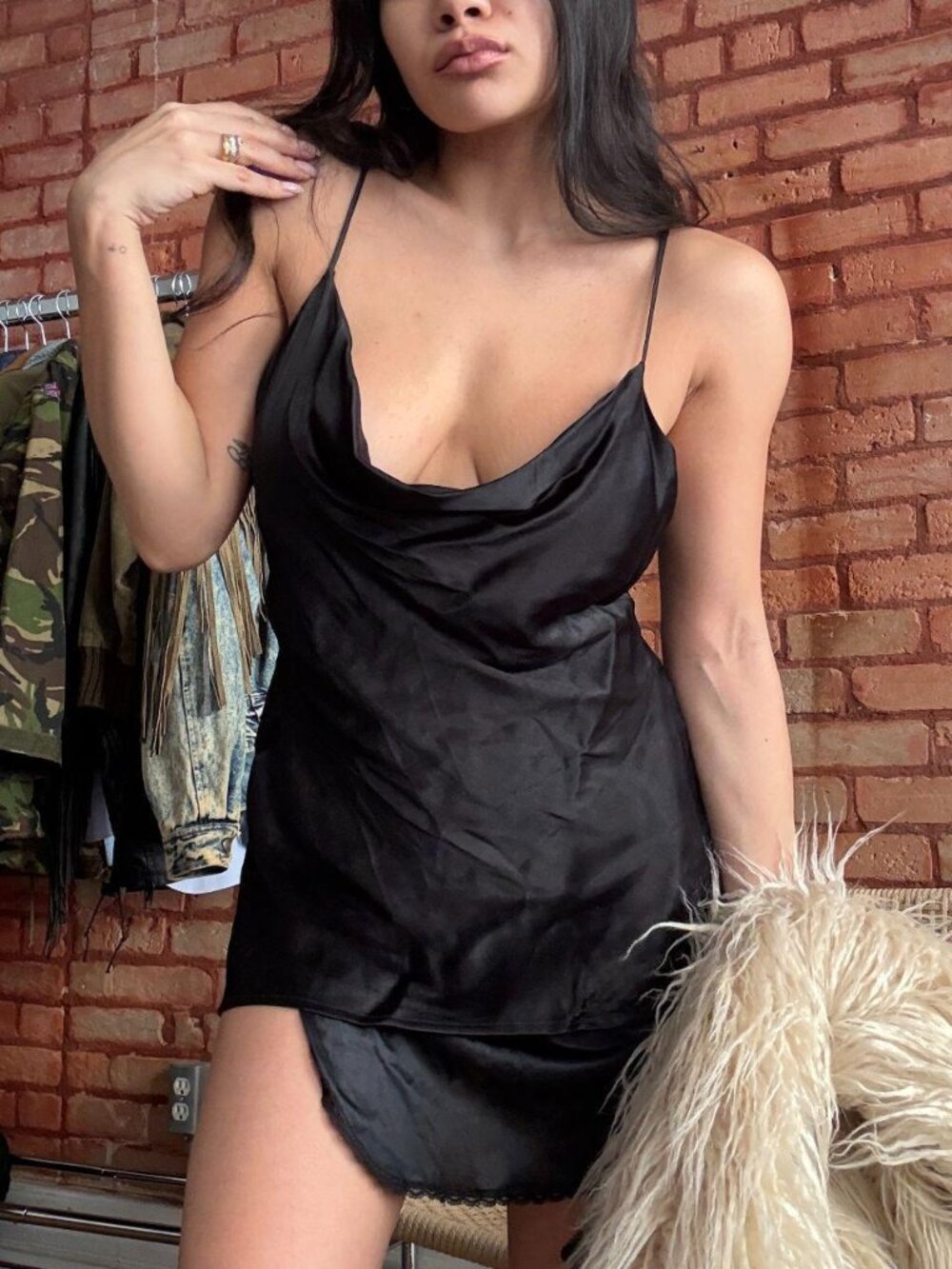 (SOLD)Y2K Black Satin Cowl Neck Mini Dress Slip Minimalist Clubwear